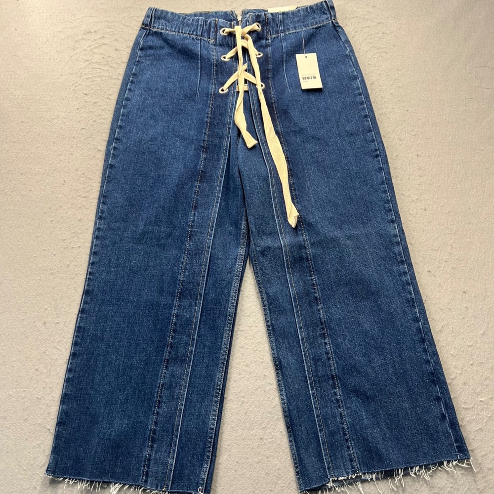 Topshop MOTO Crop Jean W34 L30 Blue Wide Leg Lace Up Front Raw Hem New 02C10LMDT